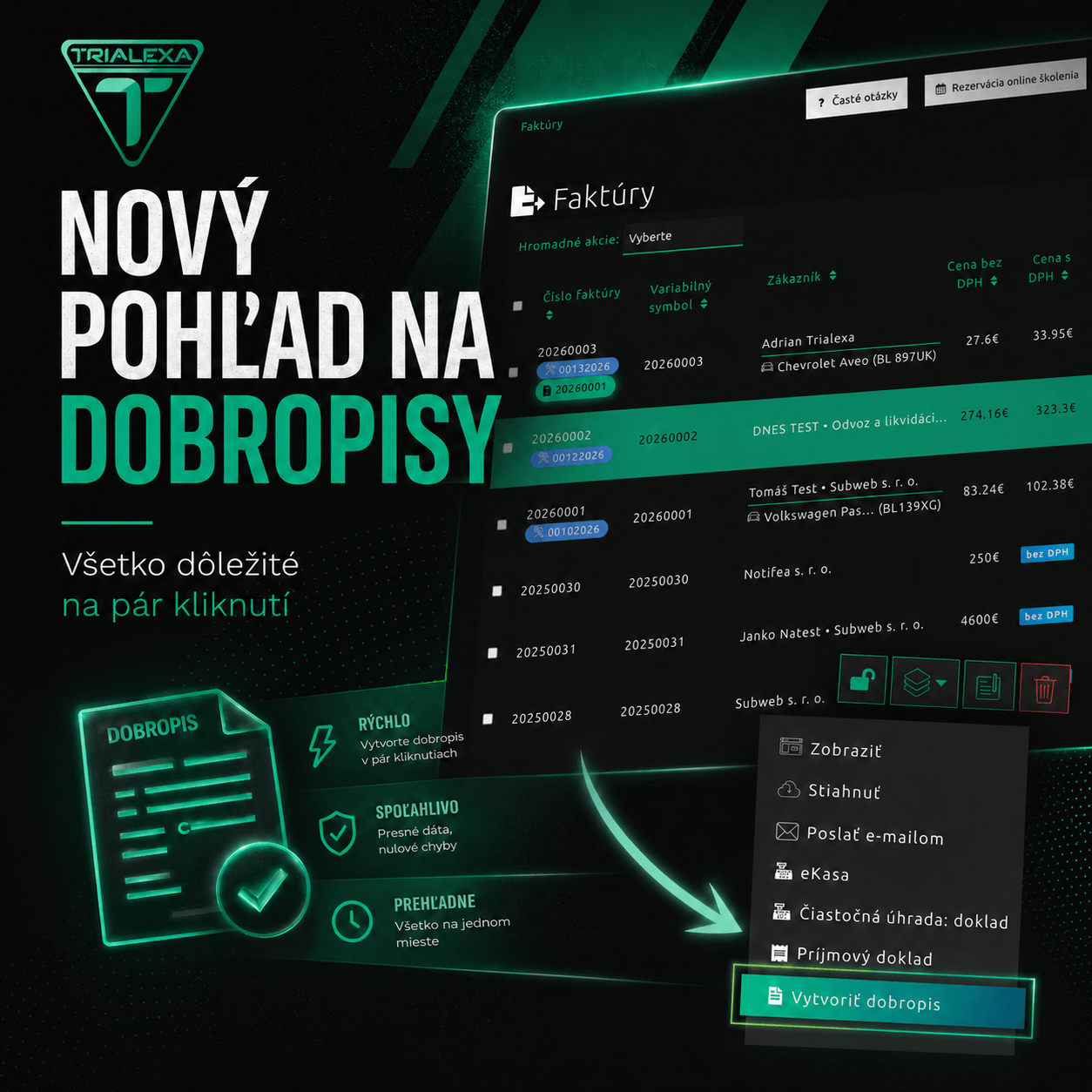Dobropisy s automatickou kontrolou súm a prepojením na sklad